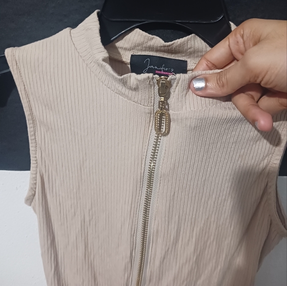 Women zip gold beige stretchable sleveless  top bodysuit - Picture 7 of 9